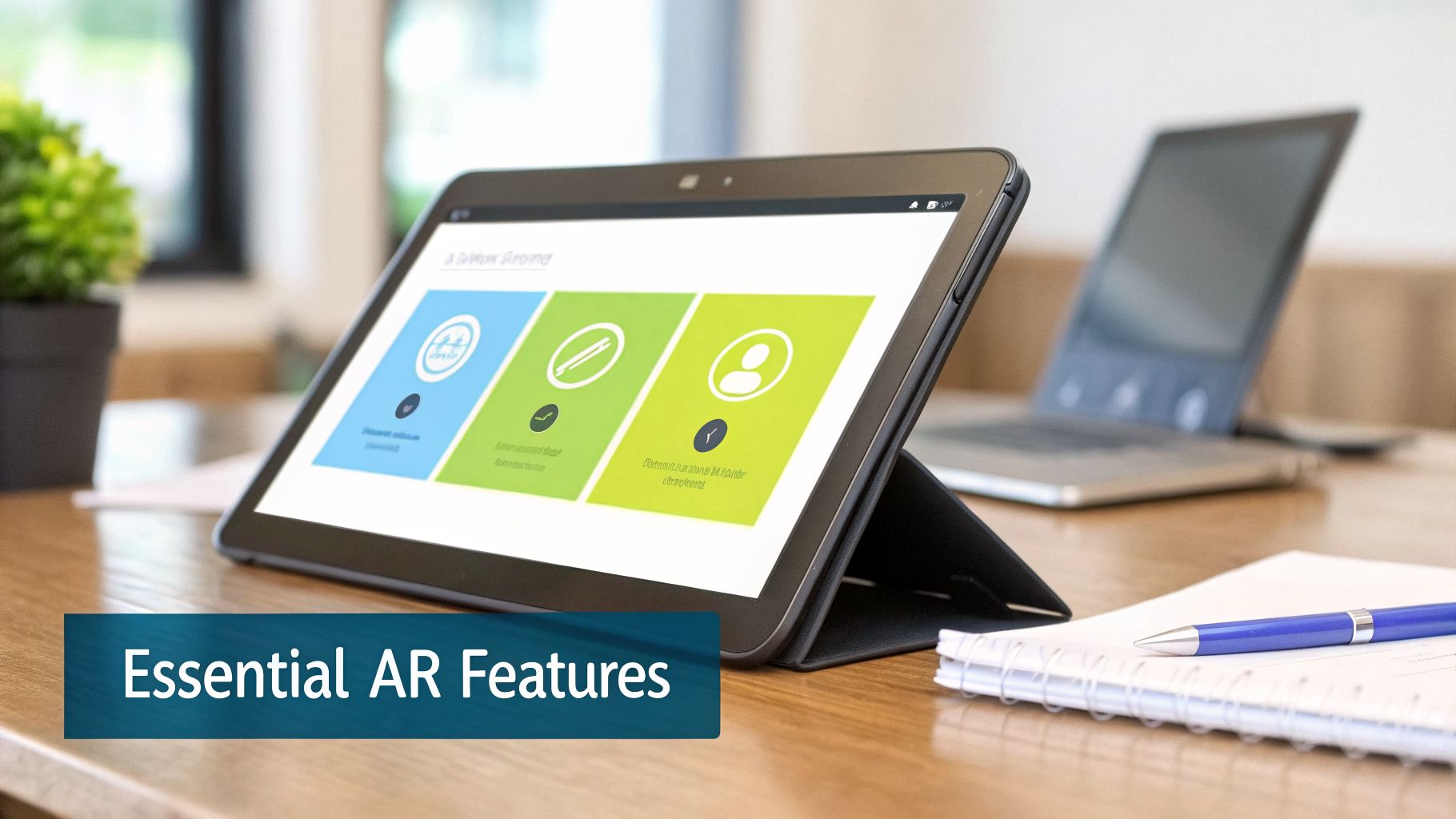 A tablet displaying a business application with colorful panels, a laptop, and office supplies on a wooden desk.