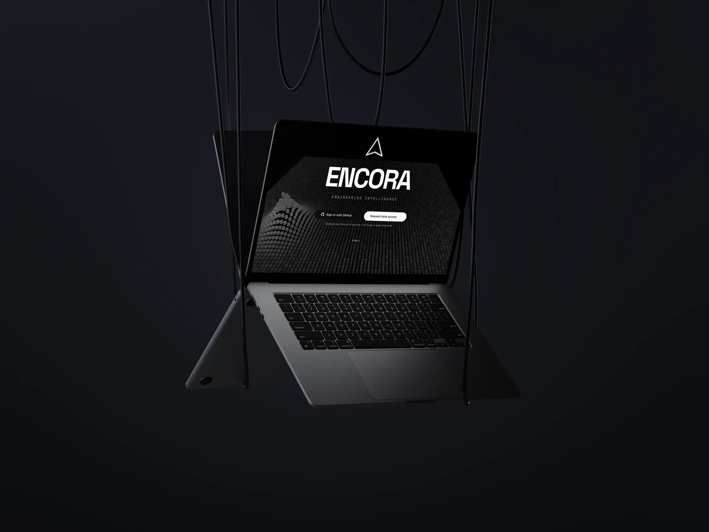 Impactful image of the Encora website on a Macbook hanging by cables