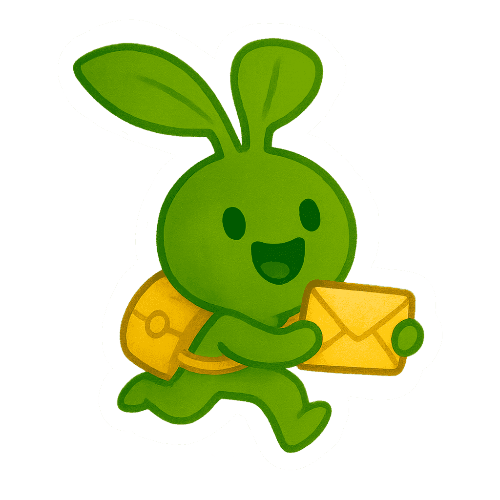 Sticker d’une petite créature verte aux allures végétales, avec un corps rond, deux grandes oreilles-feuilles dressées et de petites joues rosées. Souriante et énergique, elle court en tenant une enveloppe jaune, un sac à dos assorti fixé dans son dos, évoquant un messager joyeux. Son style simple et coloré la rend à la fois attachante et expressive. Illustration réalisée par le studio TaleMe.