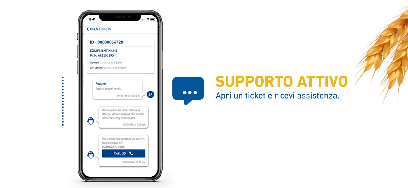 Schermata app assistenza: ticket aperto con chat di supporto - supporto attivo per risolvere rapidamente i problemi dell’equipaggiamento.