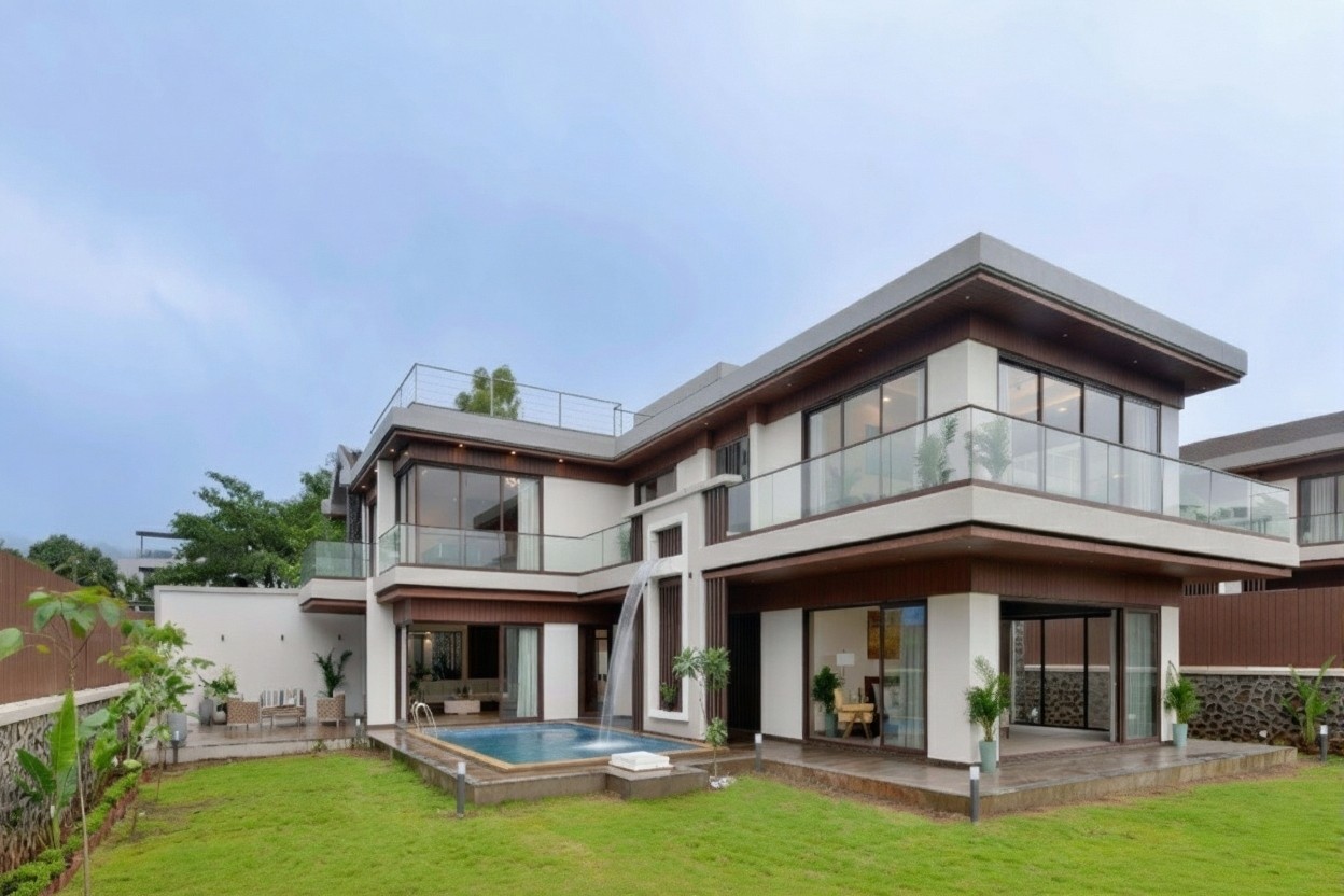 "A large, modern living room with a brown dog sitting on a blue couch near a window.