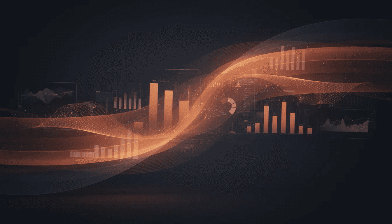 Une animation graphique abstraite en mouvement montre des formes géométriques fluides dans des tons de bleu foncé et d'orange, symbolisant une dynamique moderne de communication. Cette vidéo événementielle illustre parfaitement le cadre d'événements d'entreprise et de lancements de produits, sans texte ni icônes.