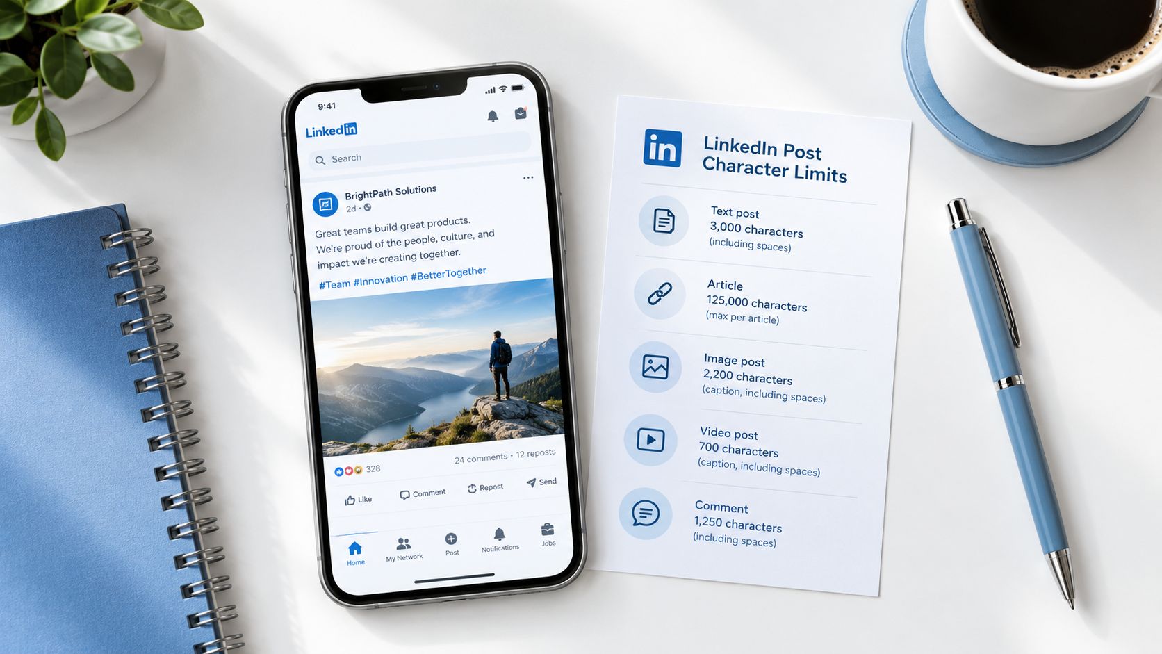 A smartphone displaying a LinkedIn feed next to a printout detailing LinkedIn post character limit specifications.