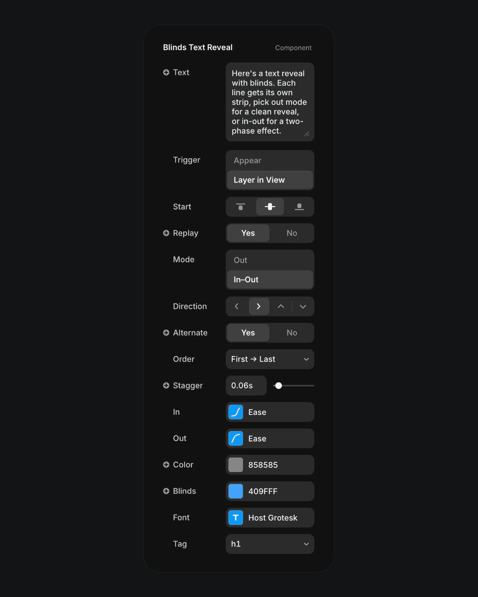Configuration options for the Blinds Text Reveal component.