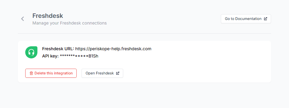 Periskope Freshdesk settings showing a connected Freshdesk account