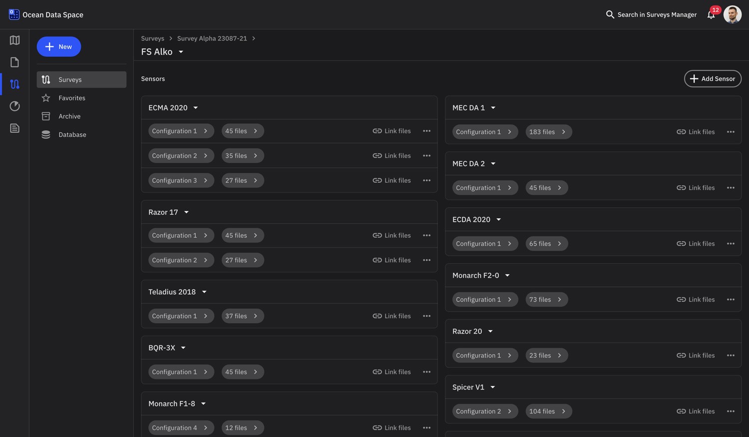 TrueOcean Marine Data Platform survey configuration on desktop