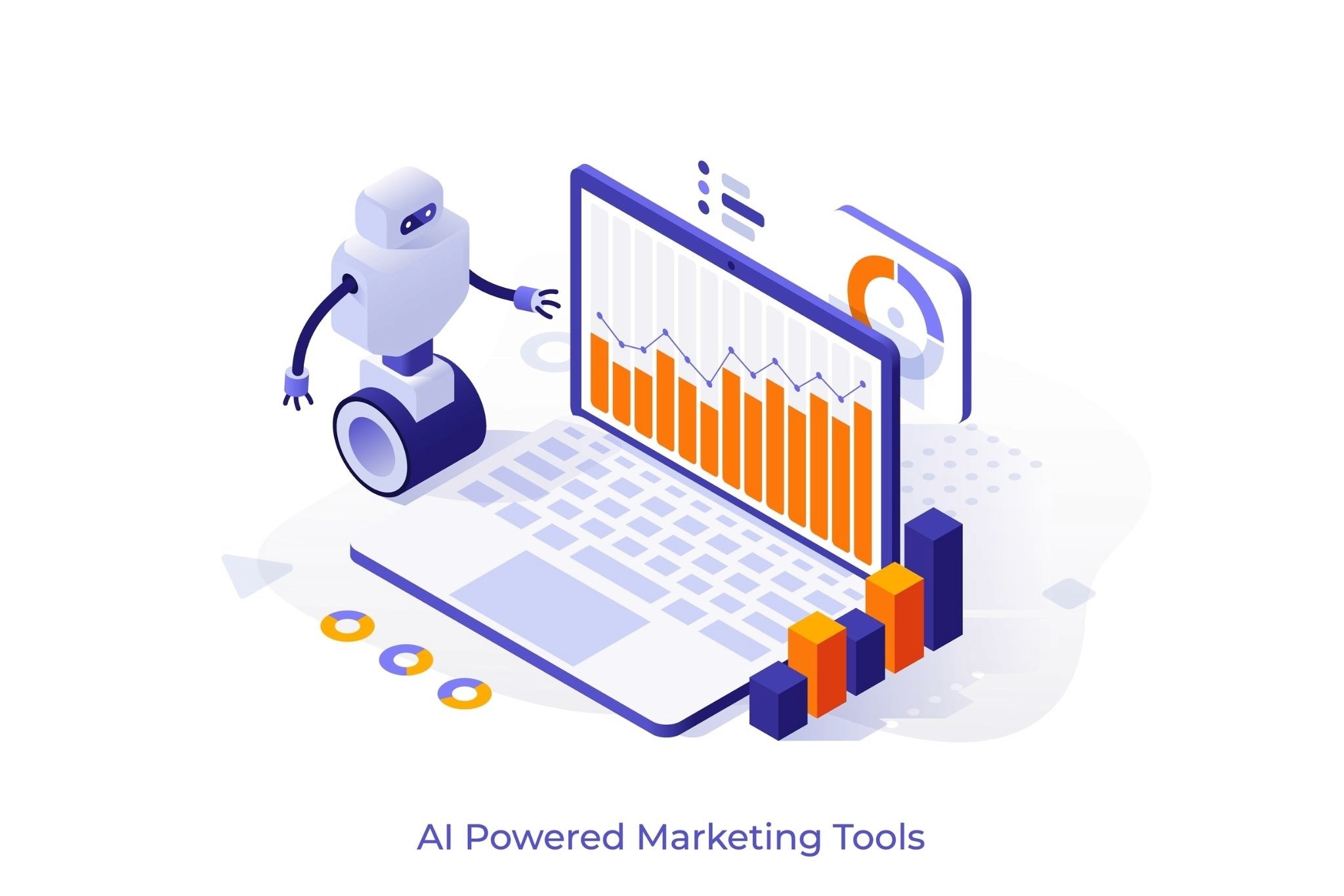 AI robot analyzing campaign performance charts and bar graphs on a laptop representing AI-powered marketing tools