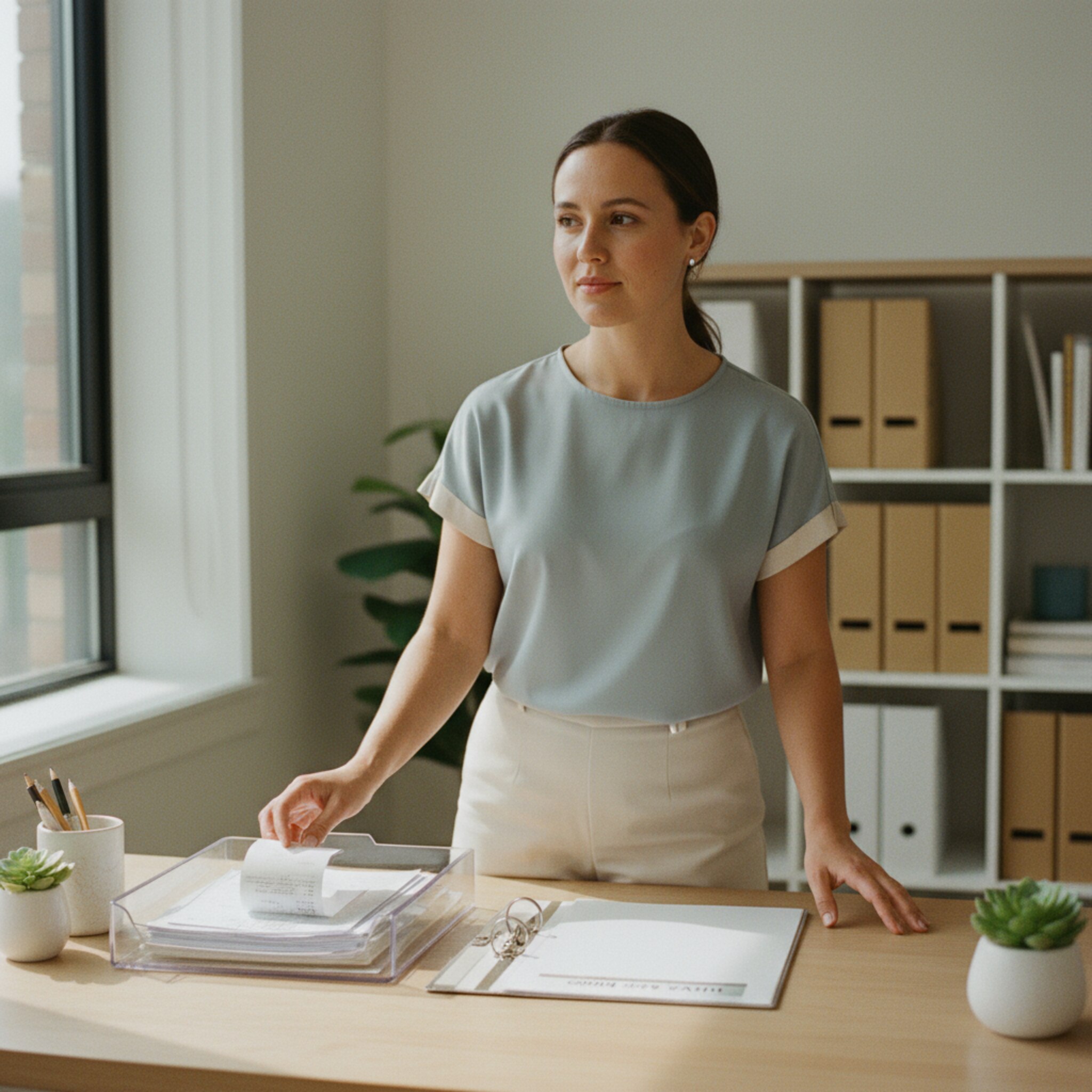 Eine Praxismanagerin legt ordentlich sortierte Belege in eine Ablage, daneben liegt ein beschrifteter Monatsordner. Mildes Tageslicht fällt auf die Arbeitsfläche. Die Szene vermittelt einen transparenten Abschluss des Abrechnungszyklus und ruhige Routine im Hintergrund.