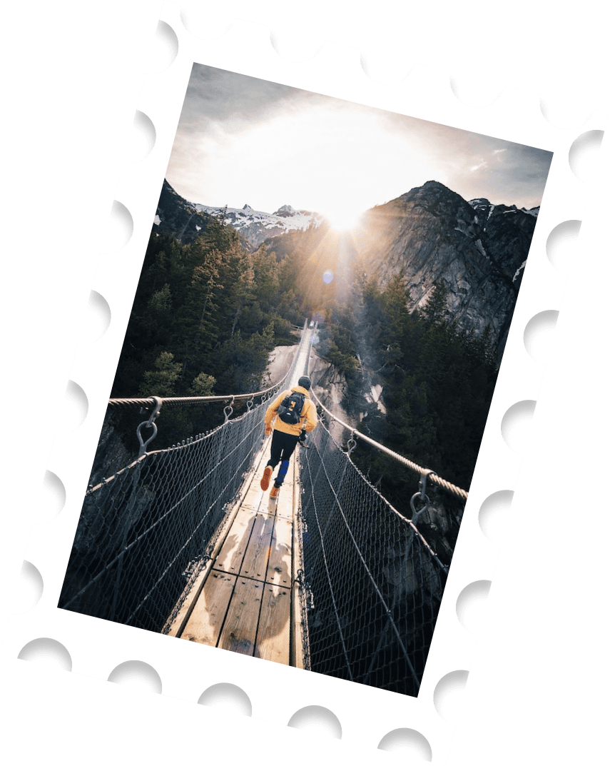 Adventurous guy running trough a bridge