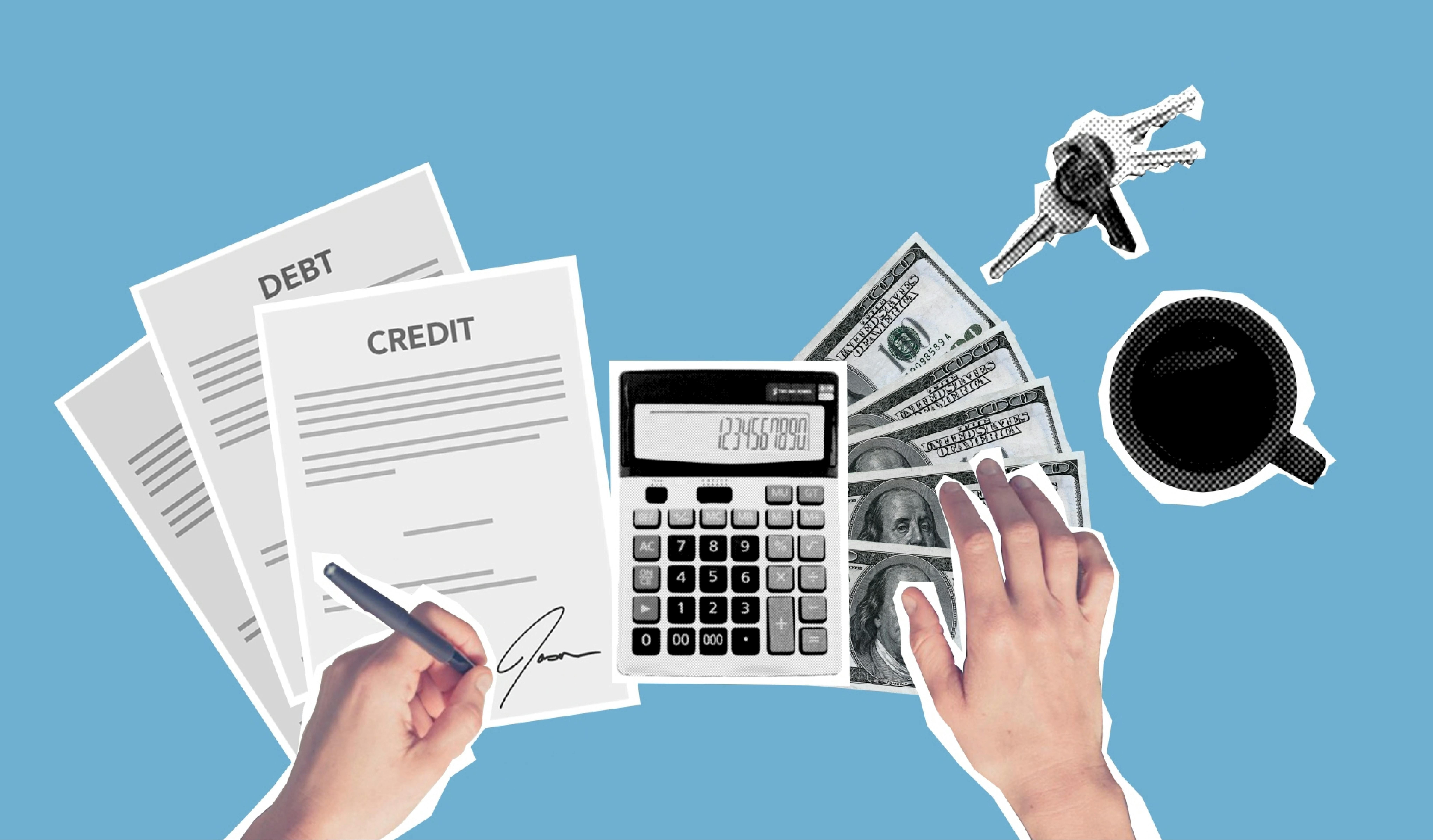 A person is using a calculator to manage finances, with documents labeled "Credit" and "Debt," U.S. dollar bills, a pen, coffee cup, and a set of keys spread out on a light blue background.