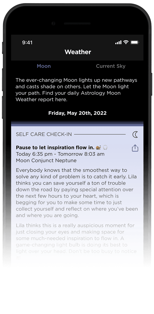 Screenshot of the Daily Weather Tab which shows a "self-care check-in"