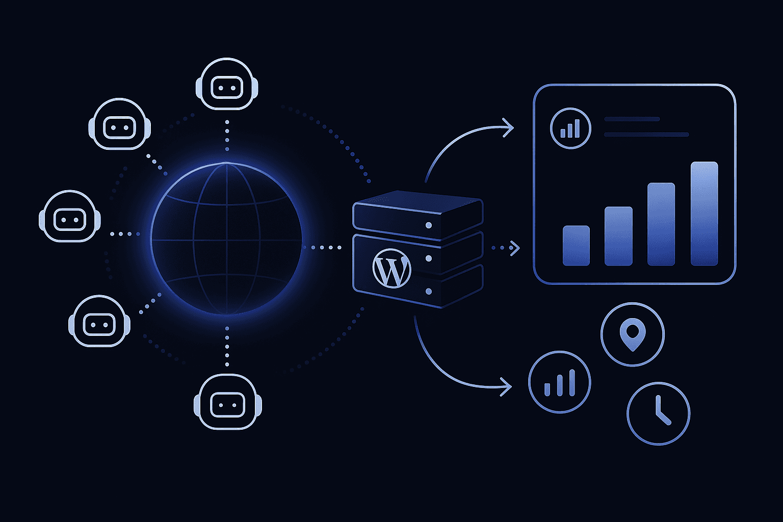 Flow illustration of AI bots crawling a WordPress site and feeding data to an analytics dashboard