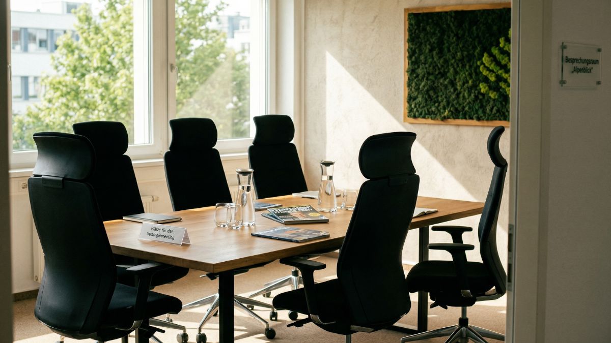 Fünf leere Stühle in einem Meetingraum — Symbol für unbesetzte Stellen	