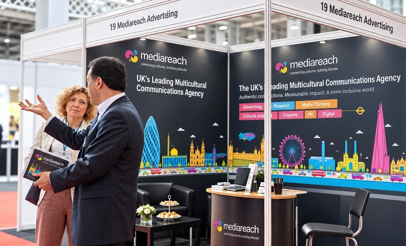 Mediareach Advertising exhibition stand 19 UK's Leading Multicultural Communications Agency discussing with visitor
