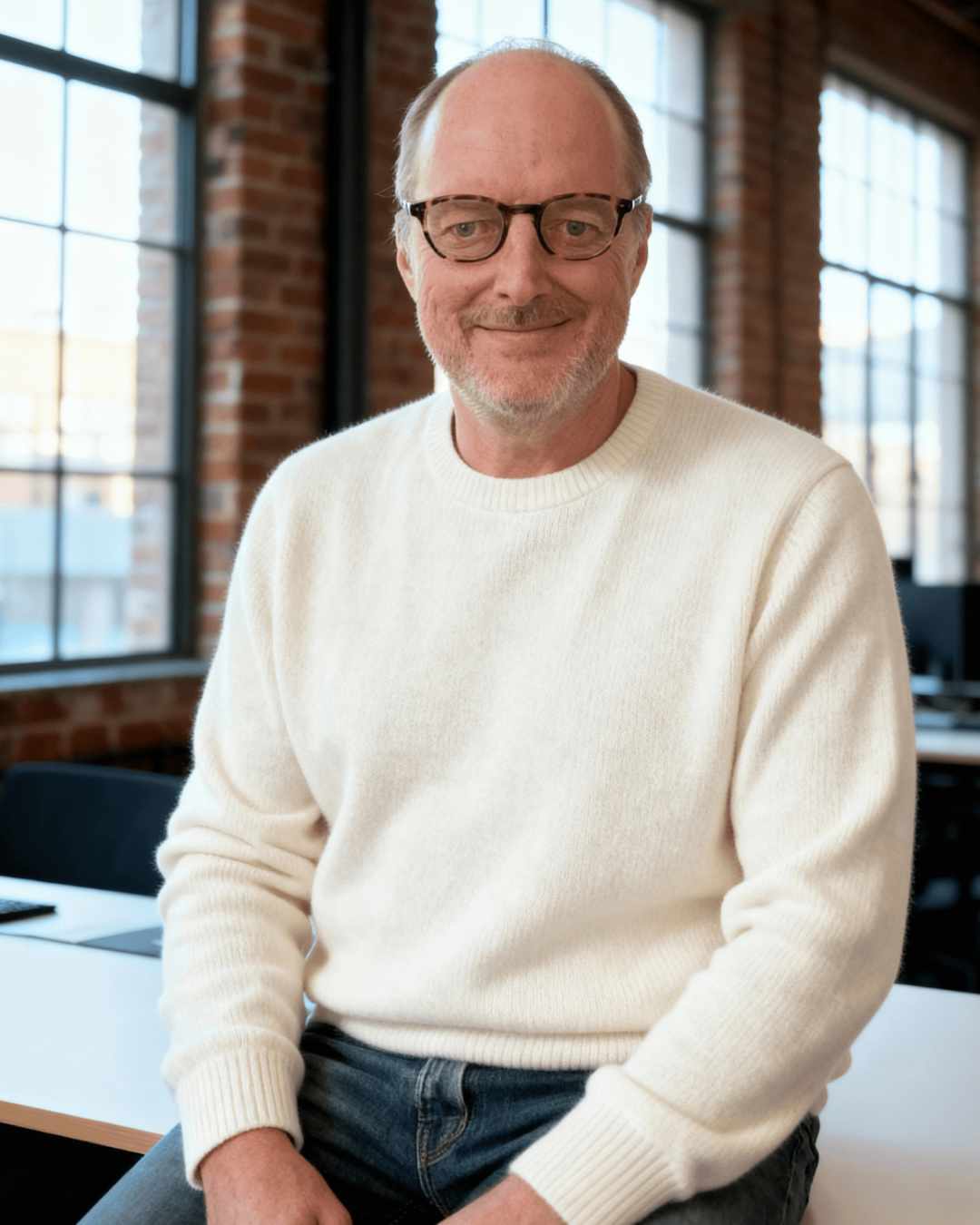 Homme souriant portant un pull blanc dans un bureau moderne avec mur en brique.