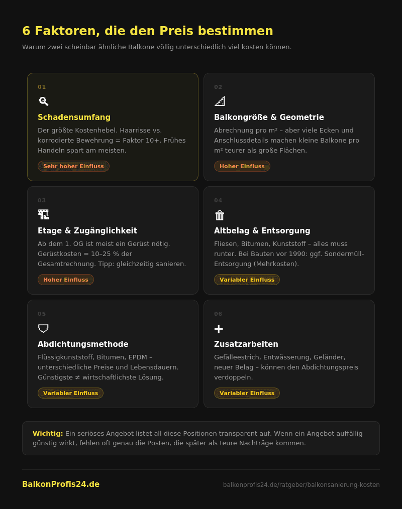 Infografik: 6 Faktoren, die den Preis einer Balkonsanierung bestimmen – von Schadensumfang bis Zusatzarbeiten