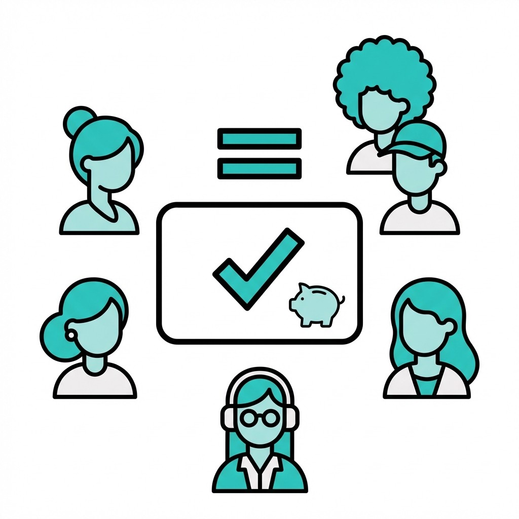 Illustration: Fünf Personen umkreisen ein Feld mit Häkchen und Sparschwein unter einem Gleichheitszeichen.