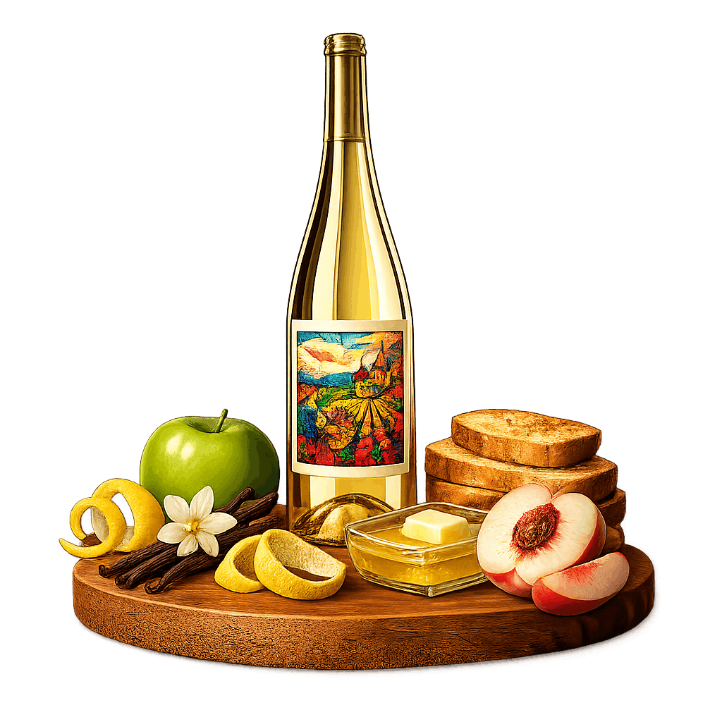 Artistic label and flavor profile for Russian Chardonnay on a rustic wooden table.