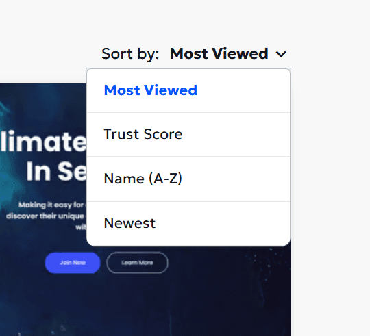 KanataQ 'Sort by' dropdown menu open, showing options to sort solutions by Most Viewed, Trust Score, Name (A–Z), and Newest.