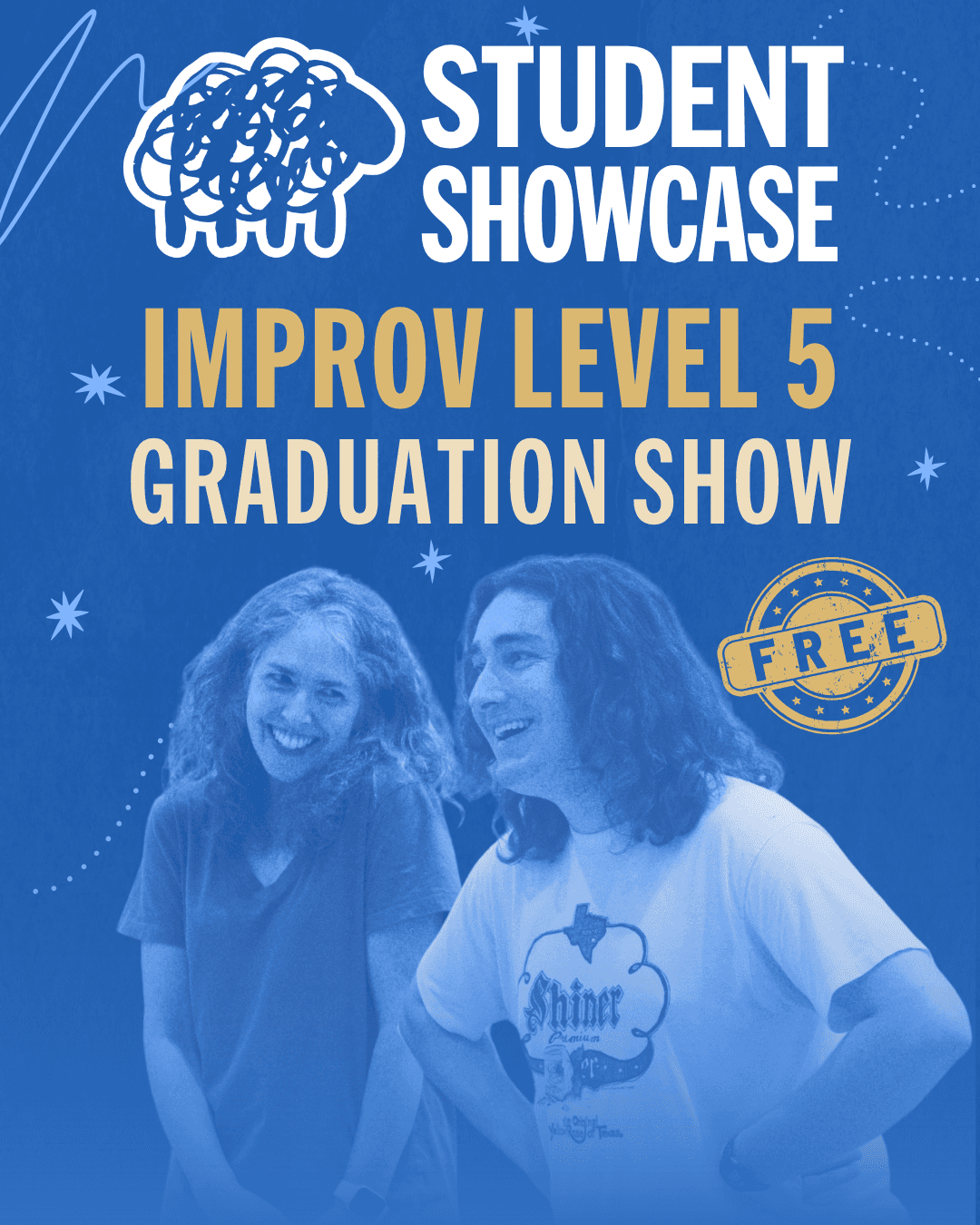Two students having fun performing on a poster advertising Black Sheep Comedy's free Level 5 graduation student show.