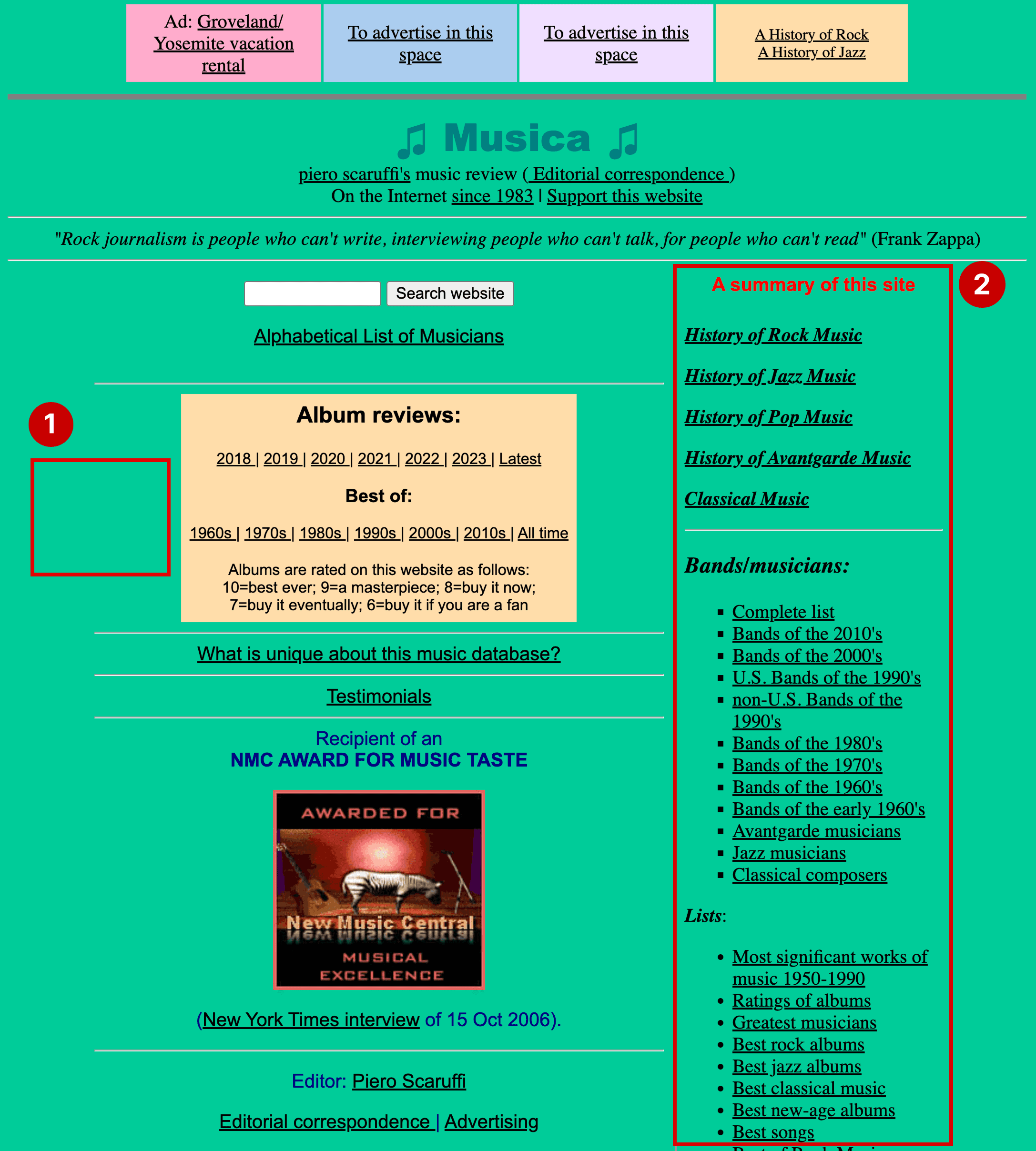Annotated screenshot. Labeled #1 is a red rectangle highlighting the patterned background of the website. Labeled #2 is a rectangle highlighting a bunch of text that is aligned to the right. Labeled #3 is a rectangle highlighting a bunch of linked text