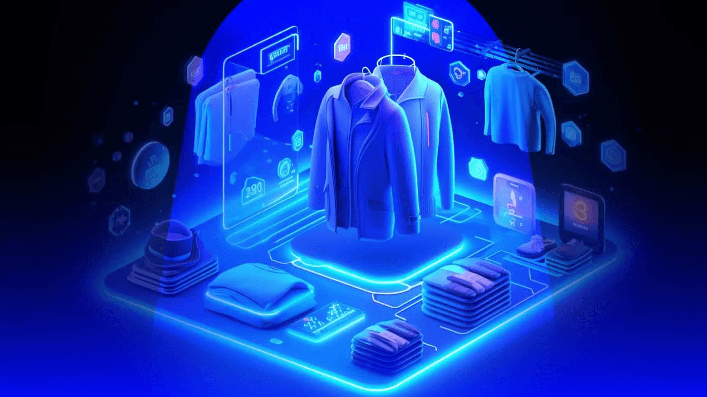 AI-powered ecommerce merchandising interface displaying clothing items (coats, hoodies, folded apparel) floating on a glowing digital platform with interactive UI elements, analytics icons, and product cards in a futuristic blue neon environment.