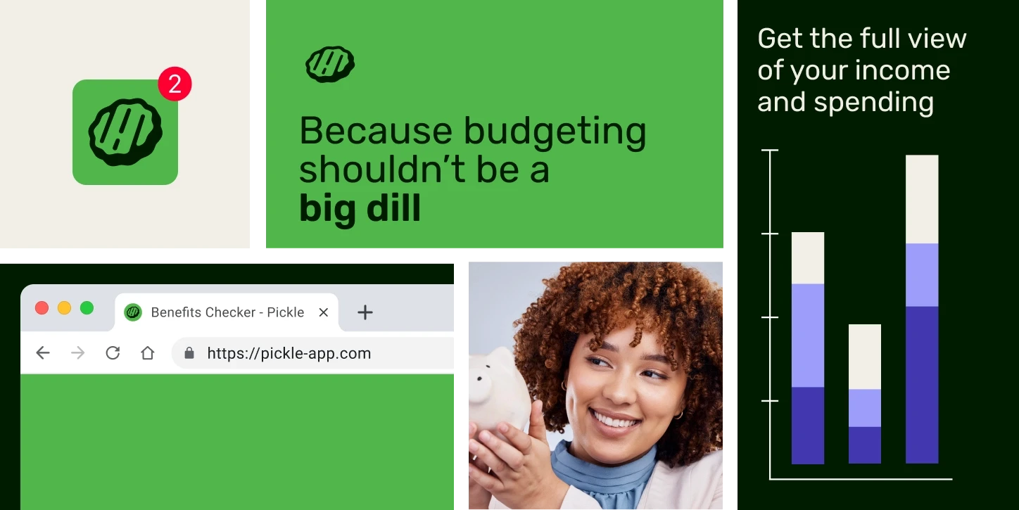 Pickle budgeting app promotional materials featuring tagline 'Because budgeting shouldn't be a big dill' with income and spending visualisation