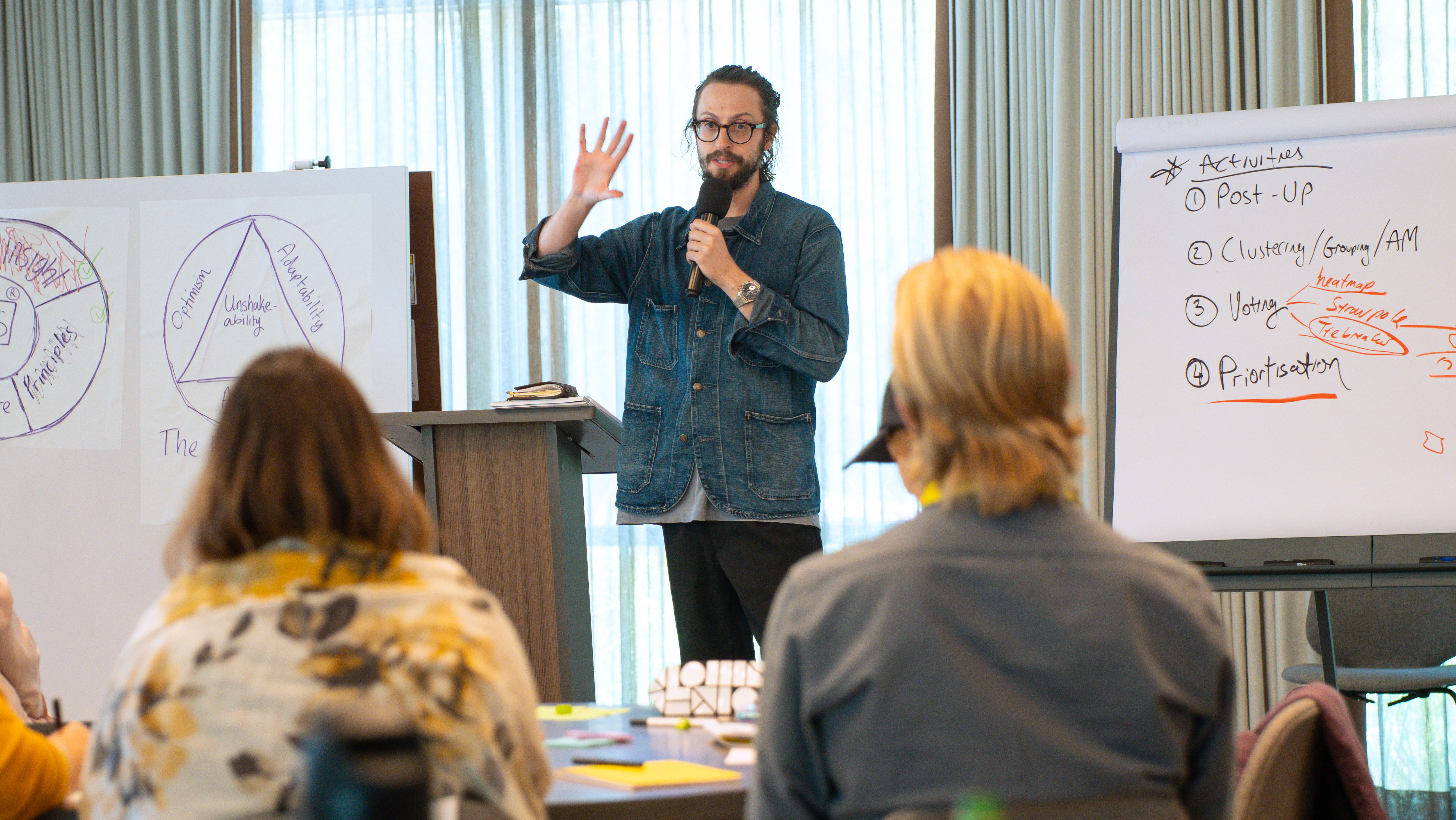 Facilitation trainer speaking with a microphone between two flipcharts showing workshop activities and prioritization methods