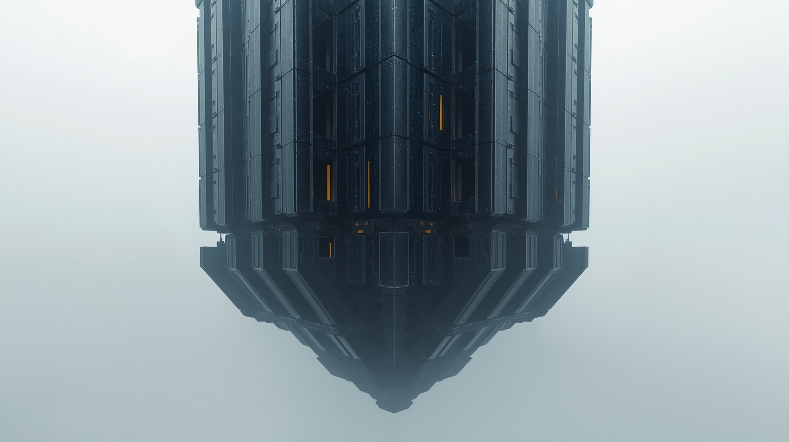 A monumental impossible architectural monolith floating in mid-air, formed by interlocking geometric modules