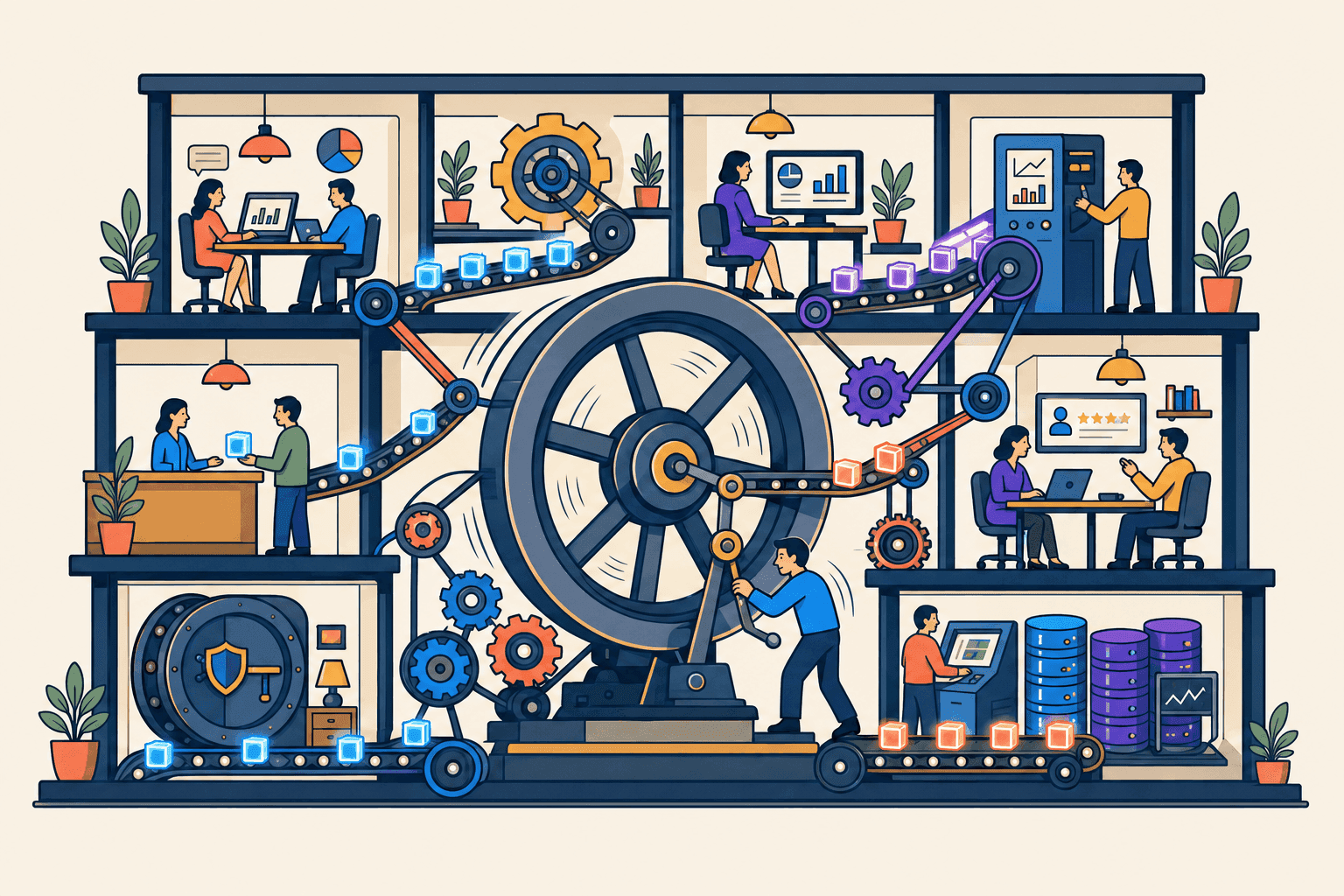 Illustration: Querschnitt eines Unternehmens als Maschine mit großem Schwungrad, Zahnrädern und Teams auf mehreren Etagen