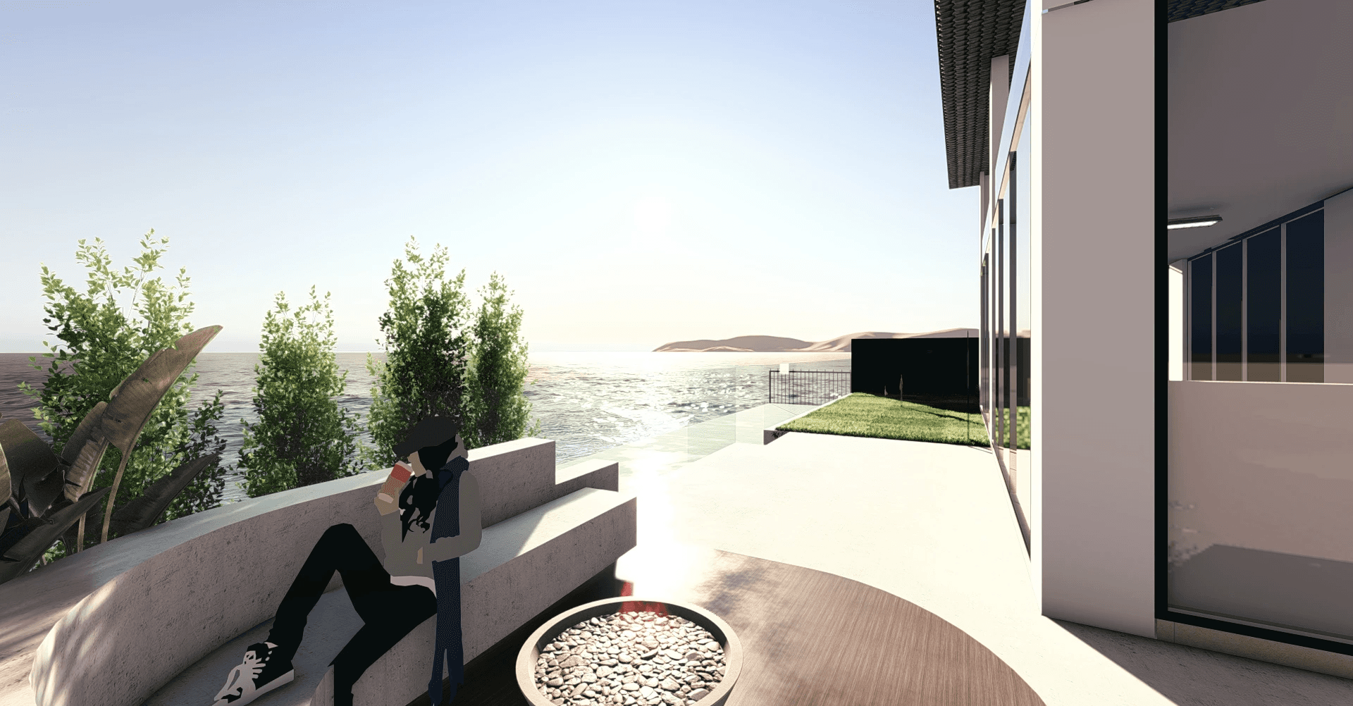 Luxurious modern interior with a sculptural art piece, floating books, a sleek marble bench, ambient lighting, and a gold metal partition