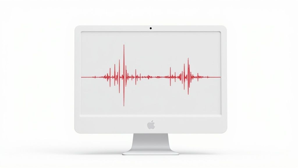 A person speaking into a microphone with sound waves transforming into text.