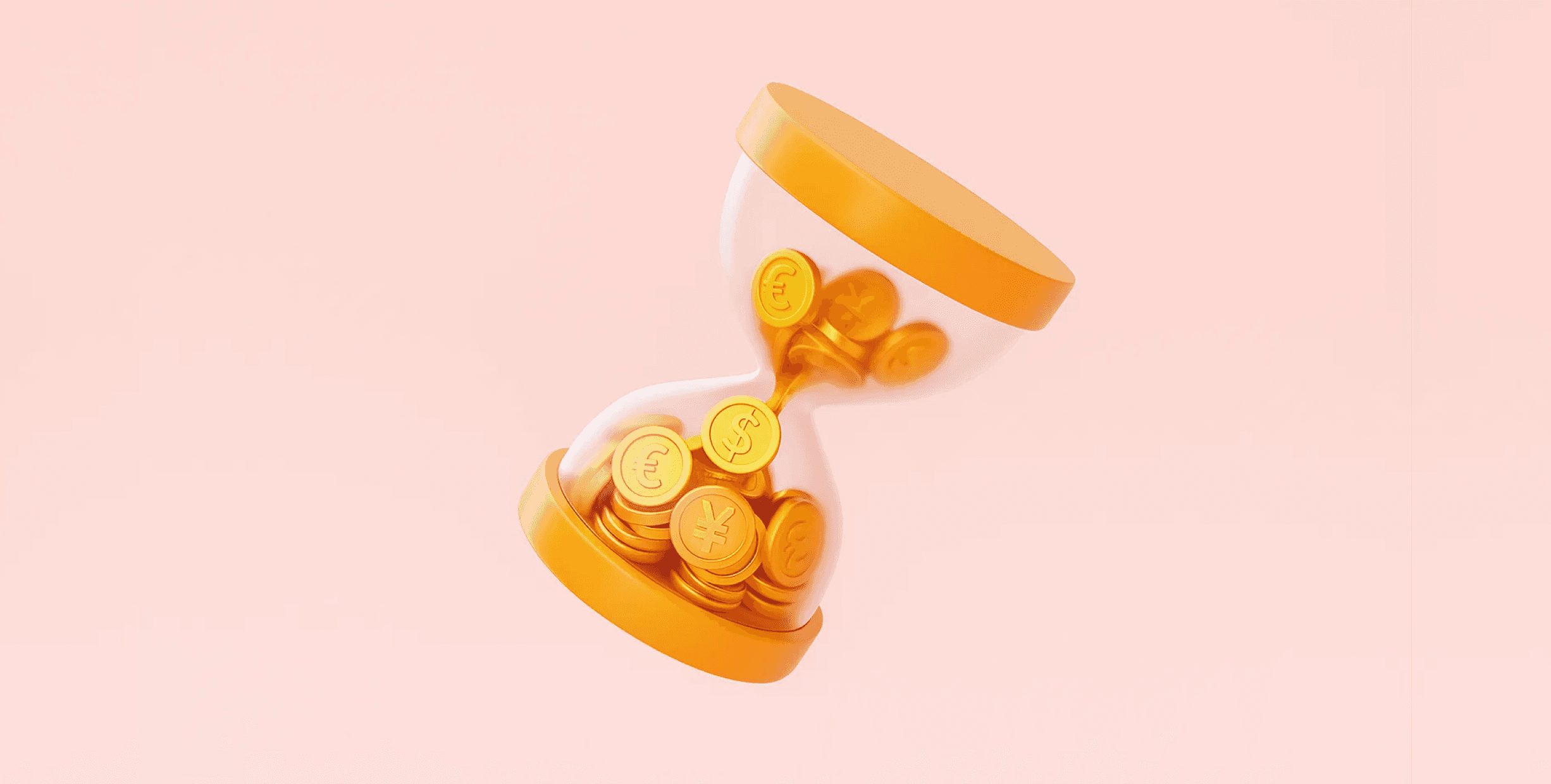 An hourglass with gold coins of different currencies in it, instead of sand. The background is a peach color.