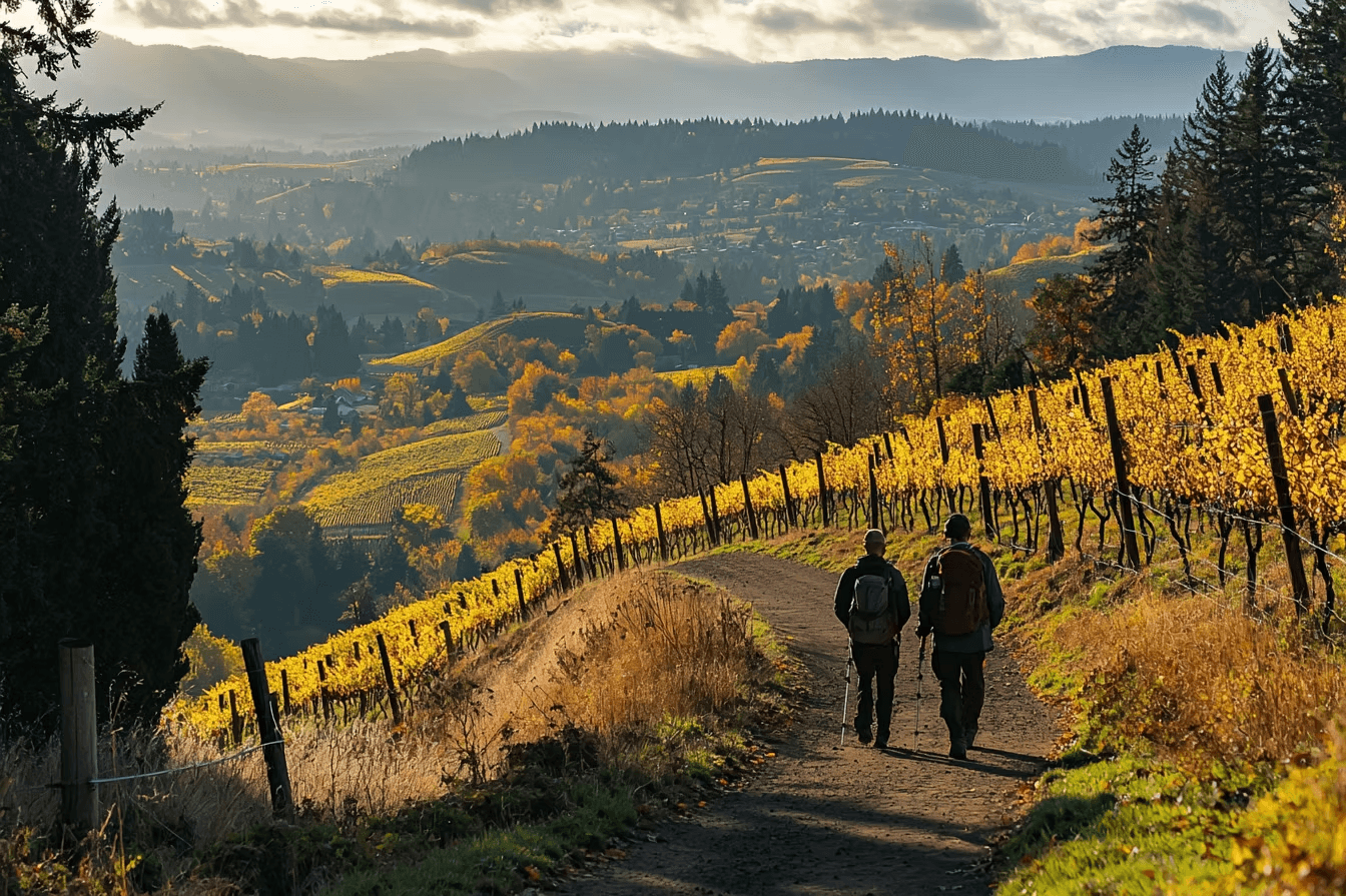 Hikers enjoying a stunning view of vineyards from a well-maintained ADA Accessible trail in oregon during autumn