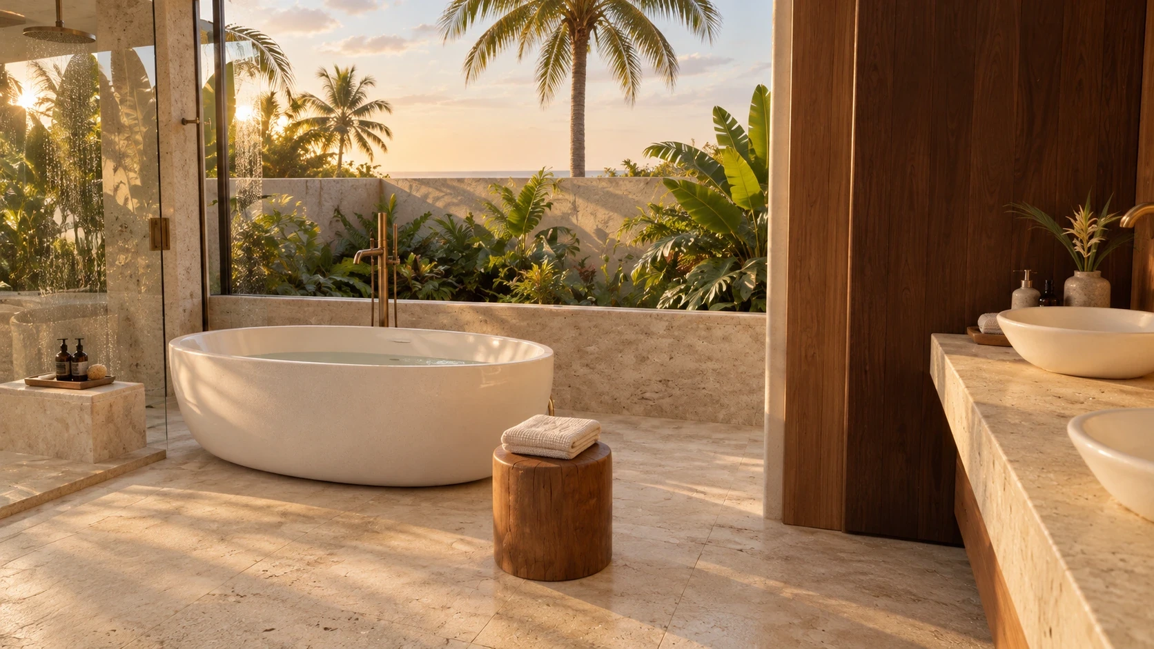 Ocean Villa freestanding bath and rain shower in a limestone bathroom