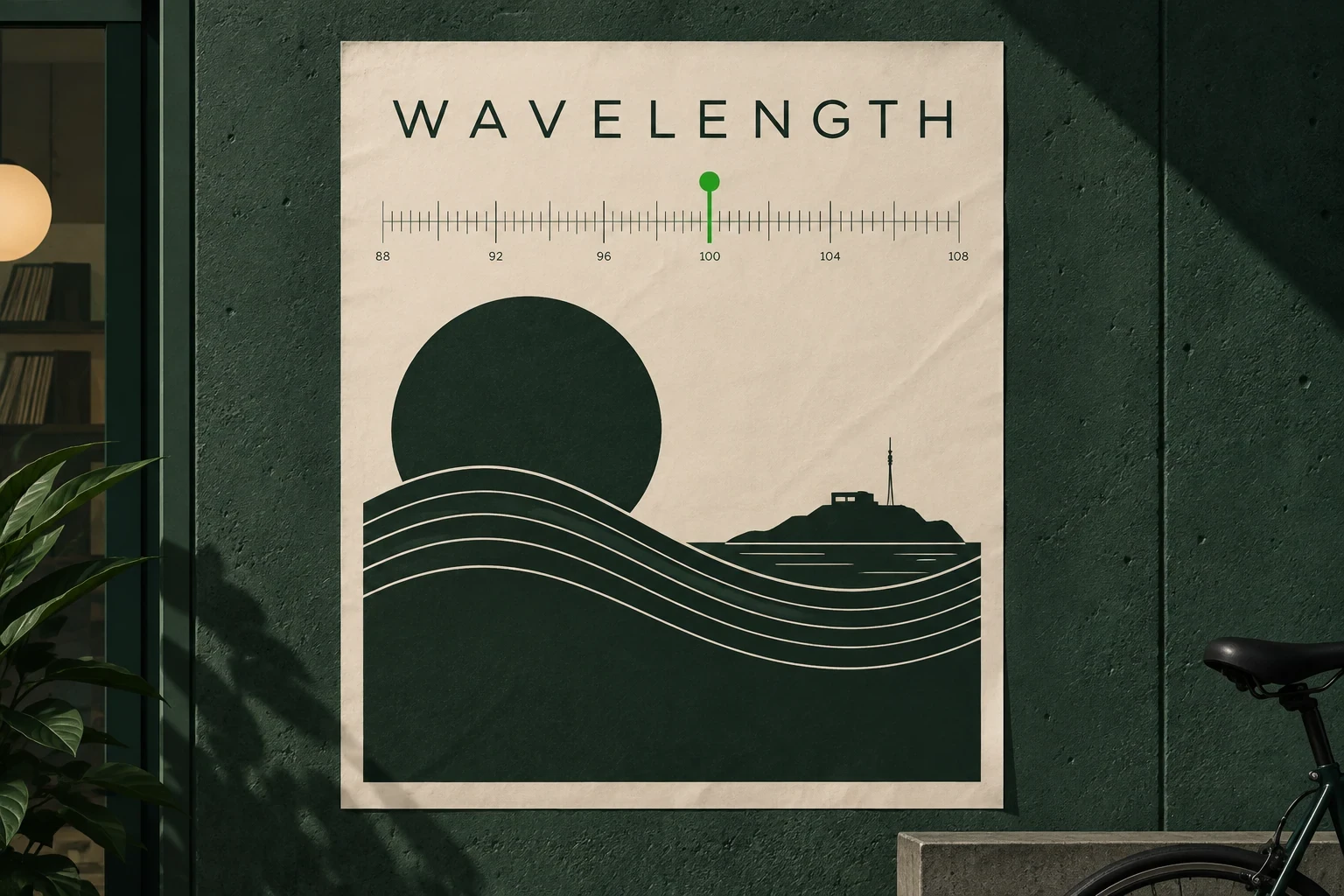 Cream programme poster on an imaginary dark green concrete wall, clean graduated tuning line and bright green cursor, WAVELENGTH title