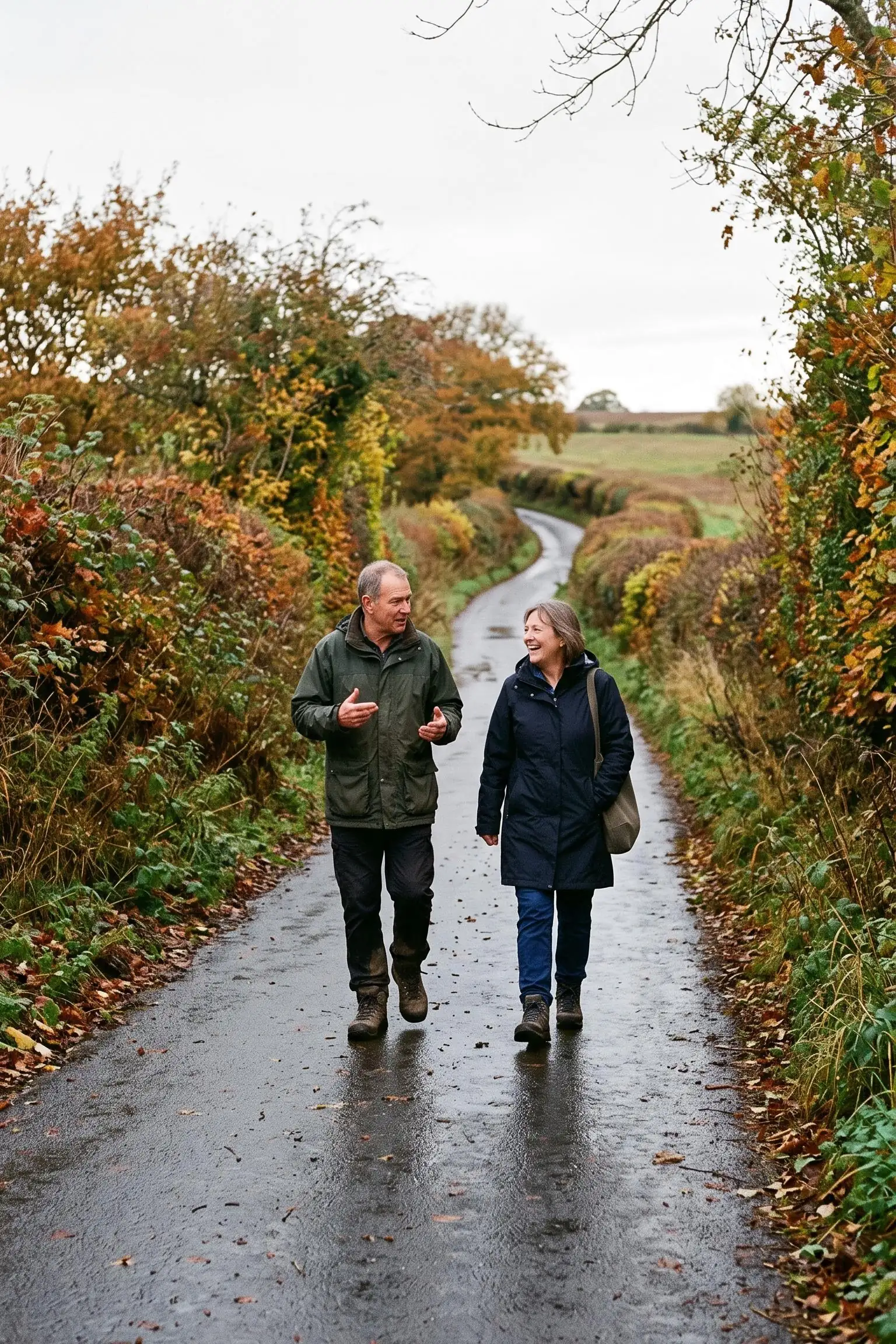 Two people walking a wet country lane together in autumn, talking