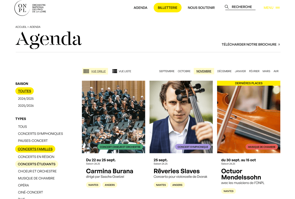 Un système d'agenda permettant de consulter de prochains concerts, présente sur le nouveau site internet de l'Orchestre National des Pays de la Loire.