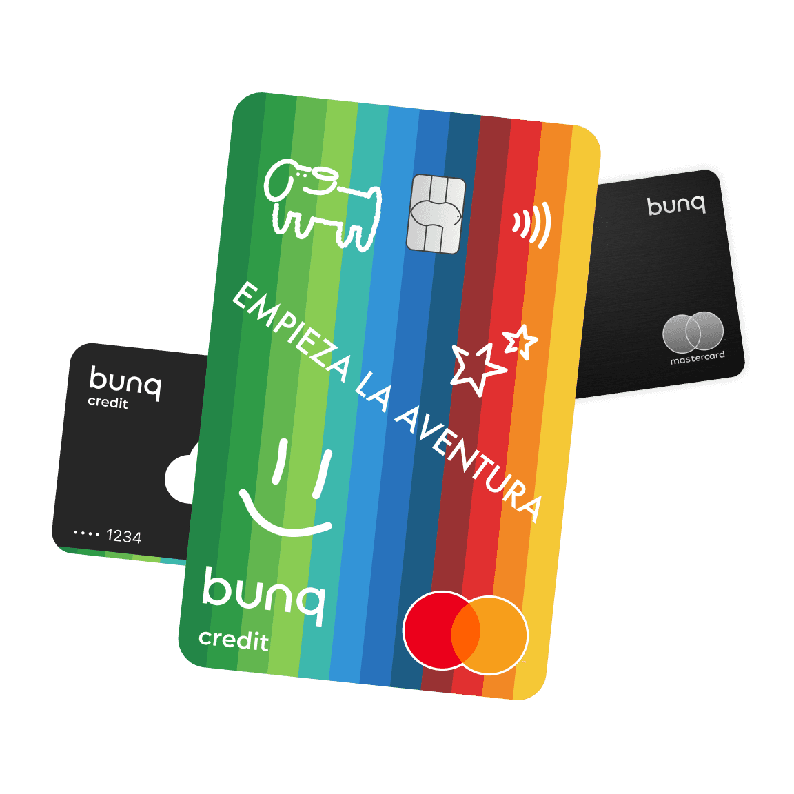 Una mano sosteniendo múltiples tarjetas de crédito coloridas, rodeada de formas abstractas y monedas.