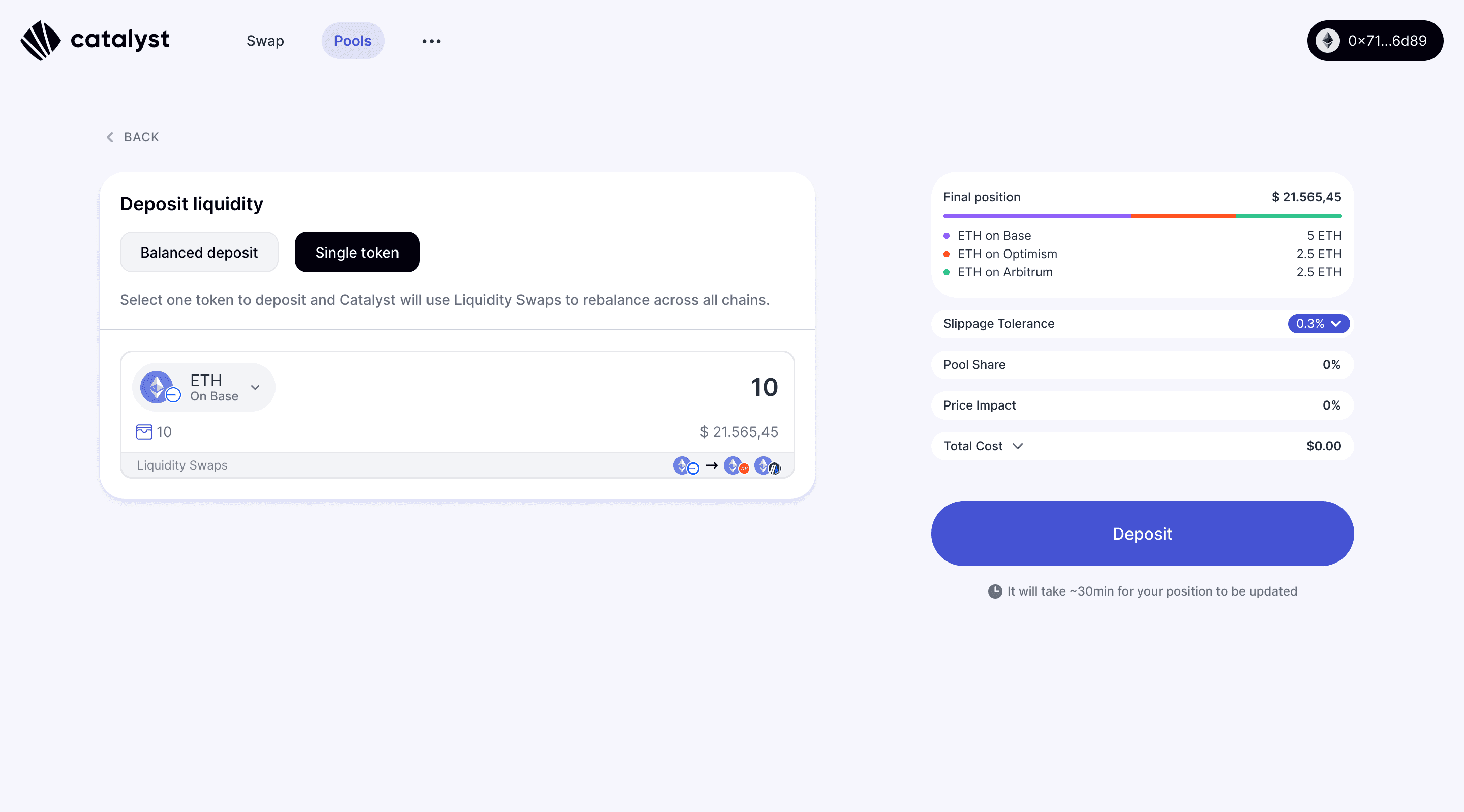 Single Token Deposit UI showing final token distribution and liquidity swaps