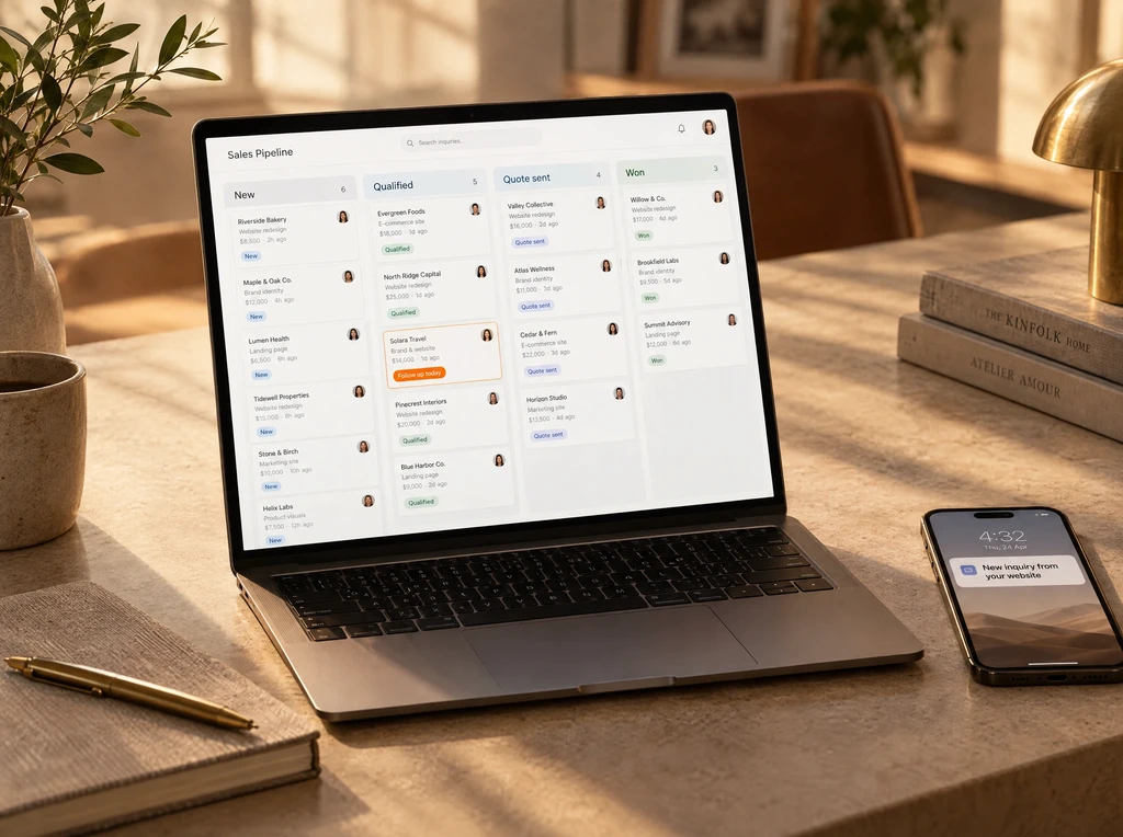 A sales pipeline in a CRM on a laptop, with a new inquiry alert on a phone
