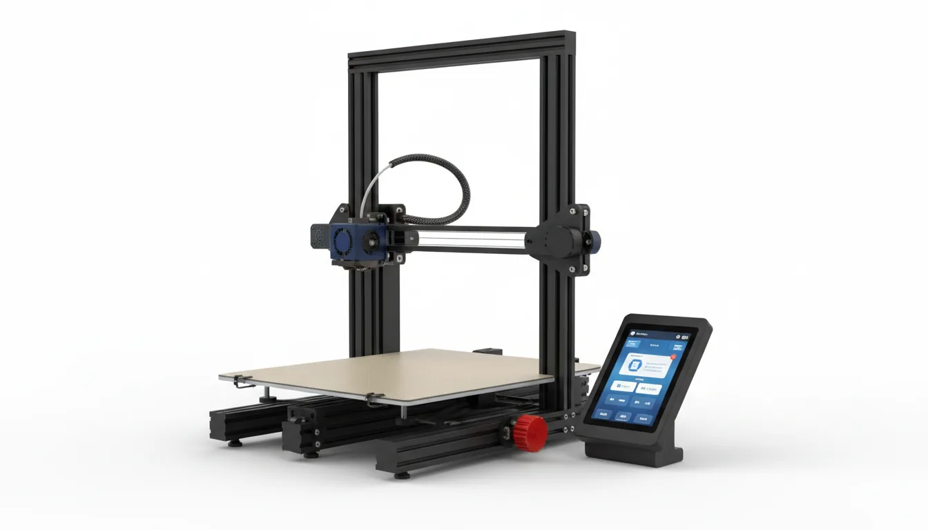 DSLR product photograph of a modern Anycubic Kobra 2 Plus FDM 3D printer, three-quarter view, captured with clean, soft studio lighting against a seamless white background. The entire machine is in sharp focus, highlighting the texture of the matte black metal frame, the grainy beige PEI build plate, and the dark blue plastic extruder head. A black and white braided cable connects to the extruder, and a red adjustment knob is visible on the base. To the right, a separate, illuminated touchscreen control panel is displayed.