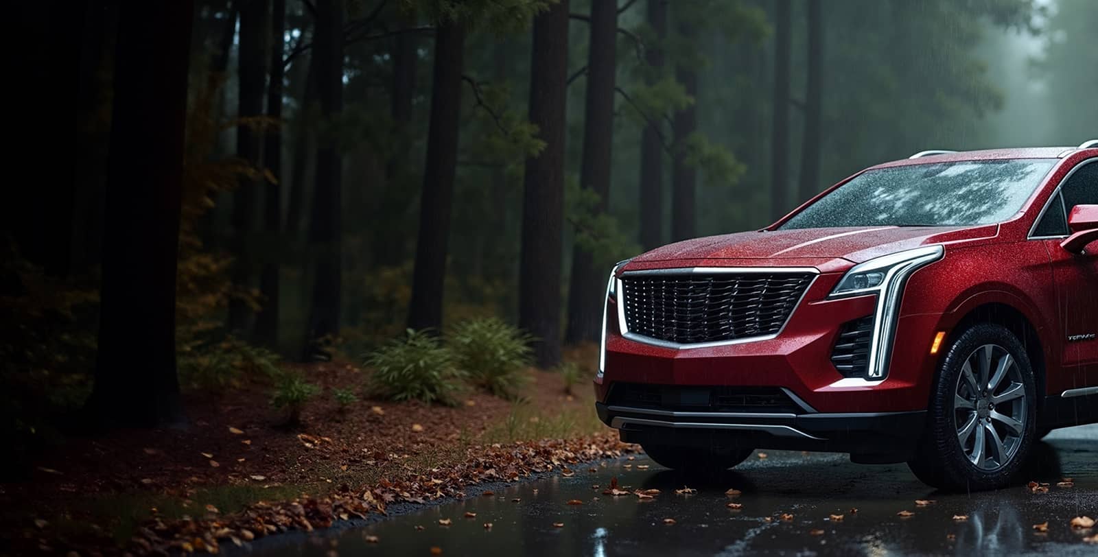 Un VUS rouge garé sur une route forestière mouillée, avec une forêt de pins sombre et dense en arrière-plan.