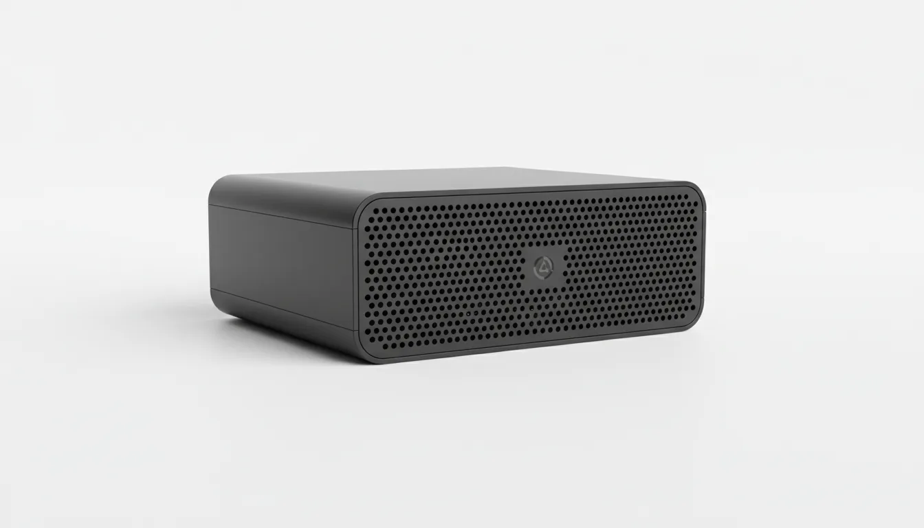 DSLR product shot of a minimalist black aluminum eGPU enclosure, isolated on a seamless white studio background. The device is captured from a low three-quarter angle, showcasing its rectangular form and softly rounded edges. Soft studio lighting evenly illuminates the matte black metal texture, creating subtle highlights and a gentle shadow beneath. The front face features a dense perforated grille of small circular holes for airflow, with a small abstract circular emblem in the center. The entire object is in crisp, sharp focus, emphasizing its clean industrial design.