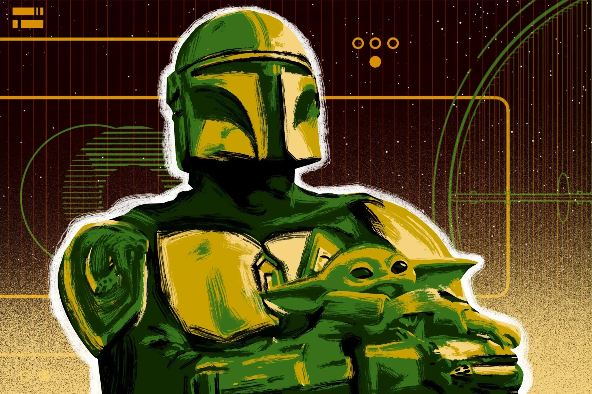 The Mandalorian (Din Djarin) and Grogu (Baby Yoda) in front of a geometric background