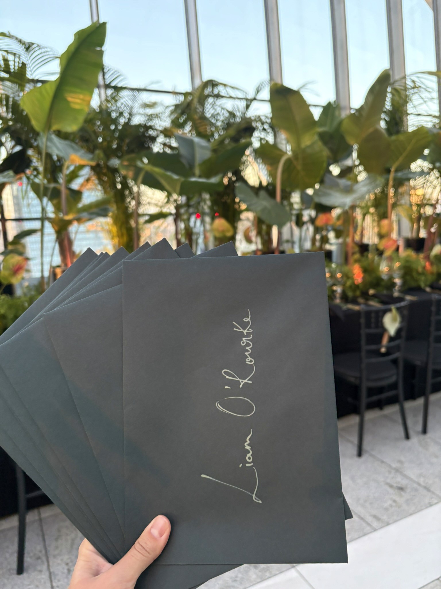 Embossed envelope prepared for a watercolour guest portrait at Sky Garden