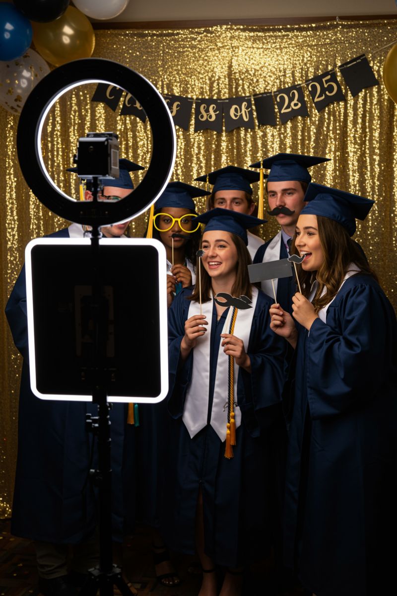 Highschool graduates posing in a photo booth