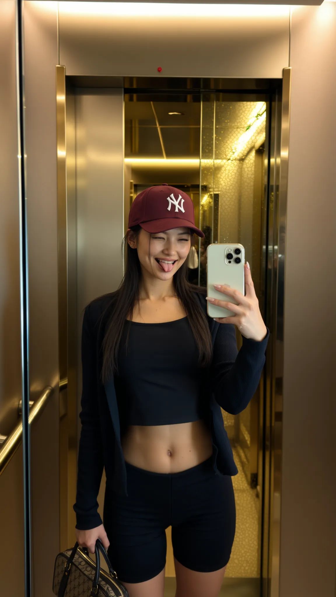KI-generiertes weibliches Model macht ein Selfie im Aufzug, trägt schwarze Sportwear, bordeauxrote NY-Cap und hält eine Designer-Handtasche – moderner AI-Lifestyle-Look für Fashion- und Social-Media-Content.