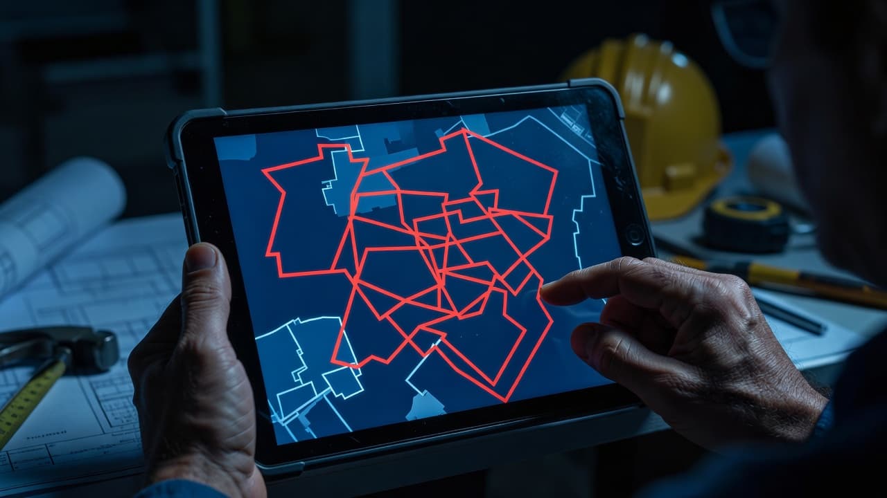 Close-up view of hands holding a glowing tablet featuring a digital map with highlighted service zones. High contrast lighting illuminates the screen while casting deep blue shadows across the background.