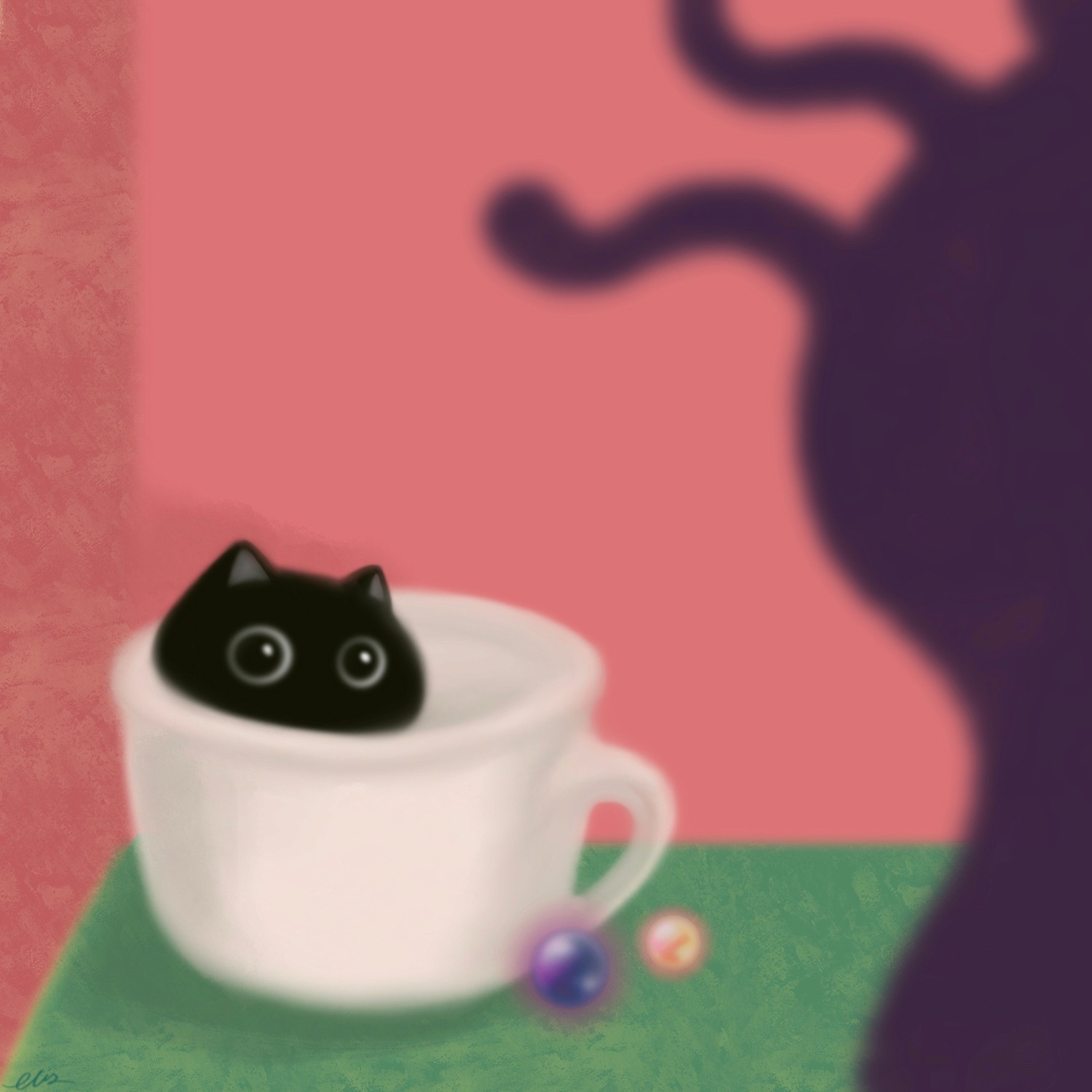 bylittleelise digital artwork inspired by human emotion mythology and nostalgia A cute black cat sits in a white coffee cup, with playful shadows in the background.